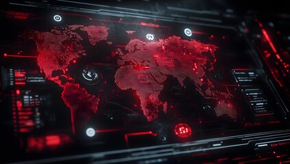 Poster - Cinematic shot of a futuristic screen with a digital world map, a hologram interface in the center, in red and black colors,