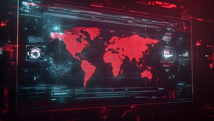Poster - Cinematic shot of a futuristic screen with a digital world map, a hologram interface in the center, in red and black colors,
