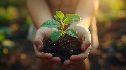 Poster - Hands of children holding budding plant with soft sunlight filtering through leaves showcasing the importance of planting and environmental awareness during Earth Day celebrations