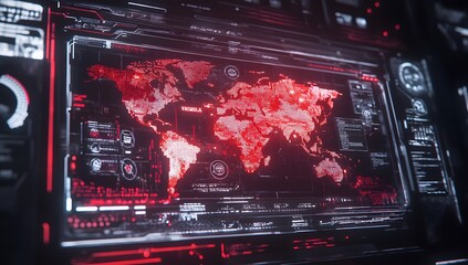 Poster - Cinematic shot of a futuristic screen with a digital world map, a hologram interface in the center, in red and black colors,