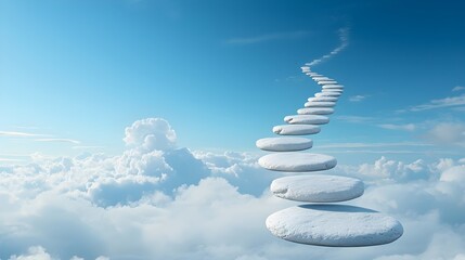 Poster - Magical floating rock formations creating a serene pathway through ethereal dreamlike clouds evoking a sense of wonder and tranquil into a visionary landscape