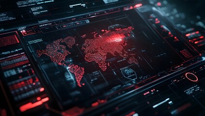 Poster - Cinematic shot of a futuristic screen with a digital world map, a hologram interface in the center, in red and black colors,