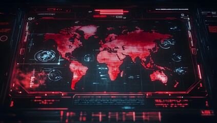 Poster - Cinematic shot of a futuristic screen with a digital world map, a hologram interface in the center, in red and black colors,