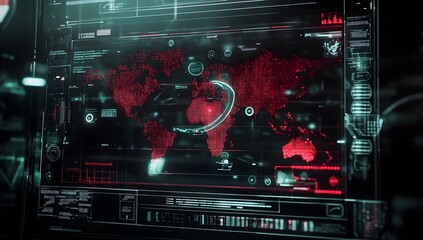 Poster - Cinematic shot of a futuristic screen with a digital world map, a hologram interface in the center, in red and black colors,