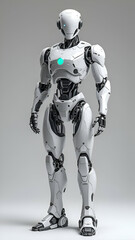 A white humanoid robot with detailed mechanical features stands against a plain grey background. Its head is a helmet with a blue glowing light. It has black mechanical parts visible under its white e