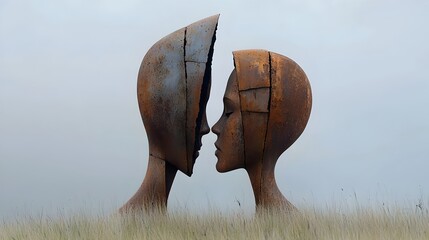 Poster - Merging Faces   An abstract sculptural artwork that explores the concept of perspective and duality by blending two faces into a single visually captivating form