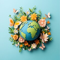 Poster - Isolated Earth globe adorned blooming flowers and fluttering butterflies in papercut style on a minimalist background symbolizing the balance between nature and conservation on World Environment Day