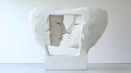 Poster - Merging Faces   An abstract sculptural depiction that plays with perspective merging two faces into a singular ambiguous form that explores the concept of identity and transformation