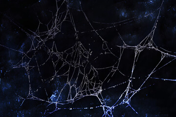 Real creepy spider webs on black banner