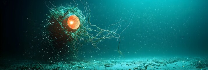 Poster - Mesmerizing bioluminescent plankton glowing in the deep dark depths of the ocean emitting a captivating natural light display in the underwater marine environment