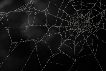 Real creepy spider webs on black banner