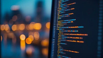 Poster - Close-up of a computer screen displaying code, with the background blurred to emphasize the coding activity.