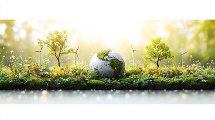 Poster - Modern Earth Day design a clean simple globe and eco symbols like wind turbines trees and water drops emphasizing environmental awareness ecology and sustainable living on a white backdrop