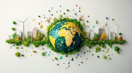 Poster - Modern Earth Day design a clean simple globe and eco symbols like wind turbines trees and water drops emphasizing environmental awareness ecology and sustainable living on a white backdrop