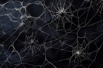 Real creepy spider webs on black banner