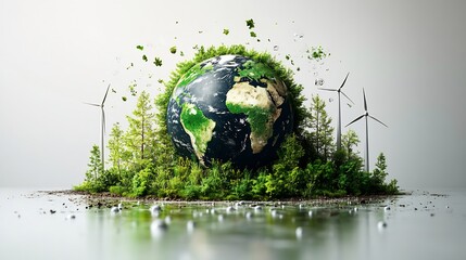 Poster - Modern Earth Day design a clean simple globe and eco symbols like wind turbines trees and water drops emphasizing environmental awareness ecology and sustainable living on a white backdrop