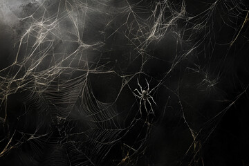 Real creepy spider webs on black banner