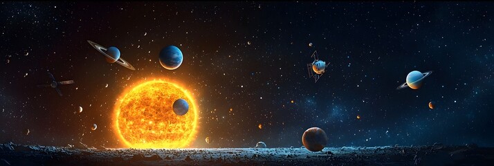 Poster - Planets Orbiting a Digital Sun Symbolizing the Concept of Space and Advancements in Astronomy and Cosmic Visualization