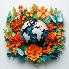 Poster - Papercut Earth globe surrounded lush flowers and fluttering butterflies on a white background The harmonious design reflects the importance of biodiversity on World Environment Day