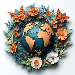 Poster - Papercut Earth globe surrounded lush flowers and fluttering butterflies on a white background The harmonious design reflects the importance of biodiversity on World Environment Day