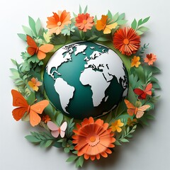 Poster - Papercut Earth globe surrounded lush flowers and fluttering butterflies on a white background The harmonious design reflects the importance of biodiversity on World Environment Day