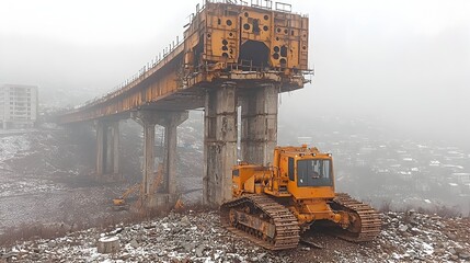 Poster - Powerful tracked bulldozer machine parked near an unfinished bridge structure on an active construction site with signs of ongoing civil engineering and infrastructure development work