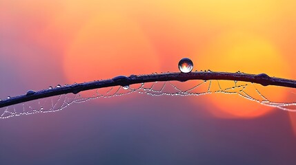 Aufkleber - Raindrops gently clinging to the intricate gossamer threads of a spider web with a blurred fiery sunset backdrop creating a moody atmospheric scene of natural beauty and tranquility