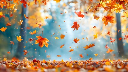 Poster - Serene and atmospheric image of a misty autumn forest with a carpet of fallen leaves covering the ground in the foreground  The trees in the background are partially obscured by the hazy