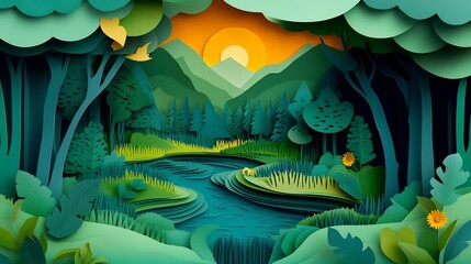 Poster - Paper art illustration of green forests rivers wildlife representing the Earth Day concept The design emphasizes ecology and environmental conservation with detailed natural elements