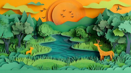 Poster - Paper art illustration of green forests rivers wildlife representing the Earth Day concept The design emphasizes ecology and environmental conservation with detailed natural elements