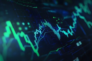 Digital background featuring a stock market graph with blue and green lines on a dark backdrop, representing financial growth or business data