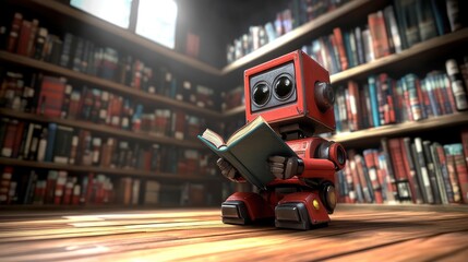Aufkleber - Red Robot Reading a Book in a Library