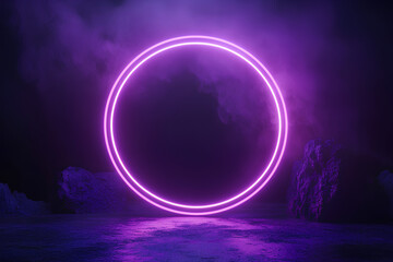 Render Neon circle rotation of frame with shining effects on dark background. Video animation Empty purple glowing techno backdrop. Round motion frame