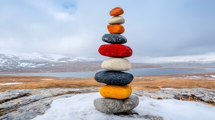 Poster - Stacked stones in a precarious yet balanced arrangement representing the efforts to restore harmony and equilibrium in nature and the environment