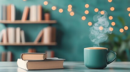 Aufkleber - Steaming hot cup of coffee with wisps of steam rising set against the blurred background of bookshelves creating a cozy intellectual atmosphere perfect for reading studying