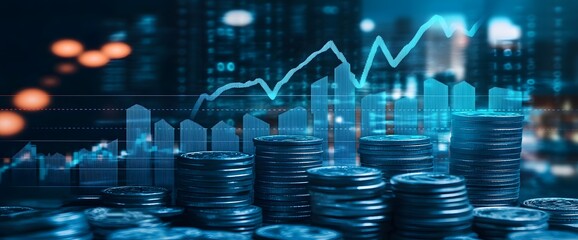 Digital background of blue and gray financial graphs with upward arrows, stacks of coins in the foreground,