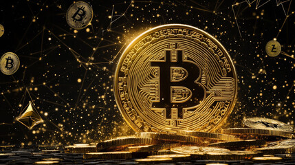 Poster - A picture showing a gold Bitcoin with money symbols around it, explaining how to invest in cryptocurrency.