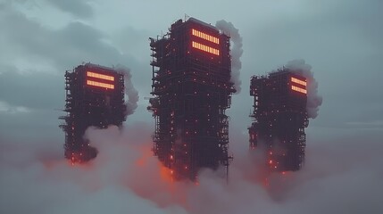 Poster - Towering refinery towers rising from a sea of mist creating a surreal and captivating industrial landscape
