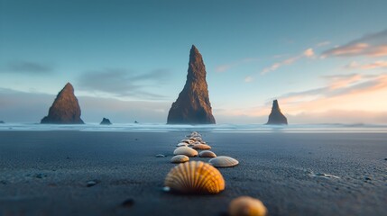 Poster - Tranquil scene of rocks and seashells scattered across a serene beach leading the eye toward a captivating distant horizon  This minimalist