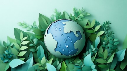 Poster - Paper art style illustration of globe with blue water drops surrounded by green leaves representing World Water Day and environmental protection emphasizing the importance of saving water