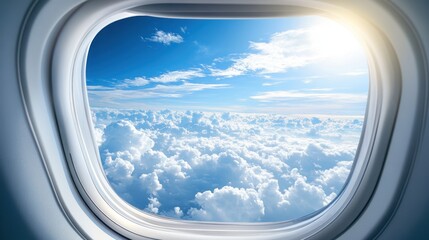 flying above the clouds, the view from the airplane window shows the serene blue sky and fluffy whit
