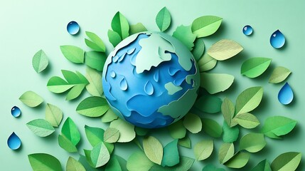 Poster - Paper art style illustration of globe with blue water drops surrounded by green leaves representing World Water Day and environmental protection emphasizing the importance of saving water