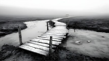 Aufkleber - Two separate wooden planks forming a simple bridge representing the concept of bringing together division and creating connection through apology and reconciliation  A minimalist