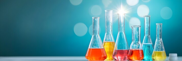 Aufkleber - Vibrant and Illuminated Laboratory Glassware with Colorful Liquids Spilling Light in a Scientific Experiment or Research Setting