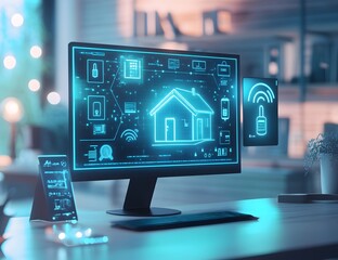 Poster - Digital illustration of smart home technology with icons for security, energy efficiency, and web connectivity. 