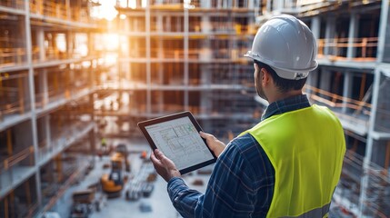 Construction manager using a tablet to check project details, with ongoing work in the background