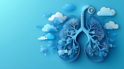 Poster - Paper cutout vector illustration of lungs trees representing oxygen flow clouds symbolizing fresh air and a stethoscope on the right Space for text on the left side of a soft blue background
