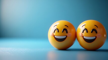 Poster - Playful 3D emoji characters bright smiles in a World Smile Day celebration Clean blue background with space for text on the left side representing mental health assessment and wellbeing
