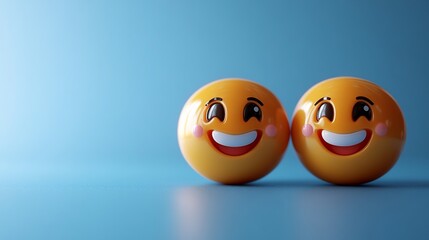 Poster - Playful 3D emoji characters bright smiles in a World Smile Day celebration Clean blue background with space for text on the left side representing mental health assessment and wellbeing