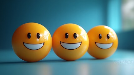 Poster - Playful 3D emoji characters bright smiles in a World Smile Day celebration Clean blue background with space for text on the left side representing mental health assessment and wellbeing